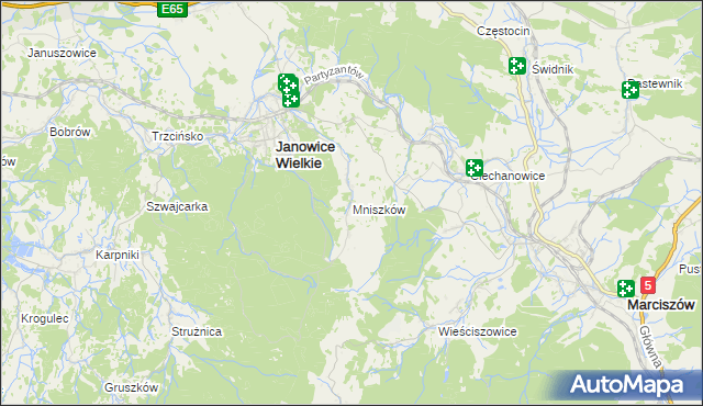 mapa Mniszków gmina Janowice Wielkie, Mniszków gmina Janowice Wielkie na mapie Targeo