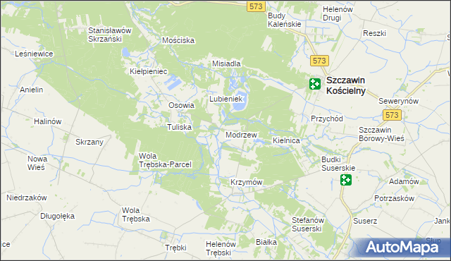 mapa Modrzew gmina Szczawin Kościelny, Modrzew gmina Szczawin Kościelny na mapie Targeo