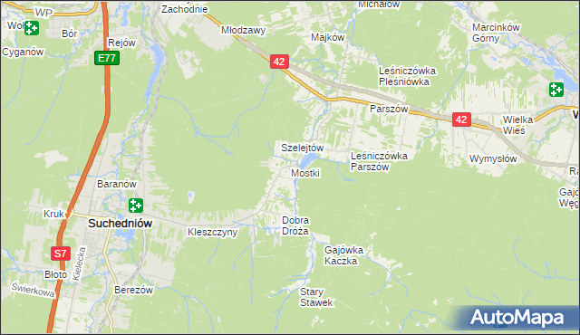 mapa Mostki gmina Suchedniów, Mostki gmina Suchedniów na mapie Targeo