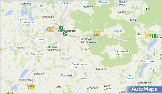 mapa Mrozy gmina Sierakowice, Mrozy gmina Sierakowice na mapie Targeo