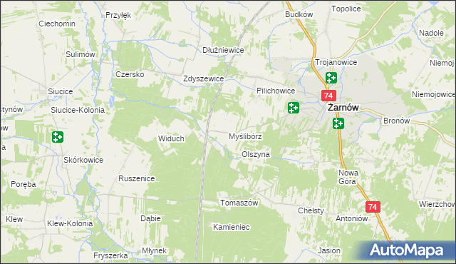 mapa Myślibórz gmina Żarnów, Myślibórz gmina Żarnów na mapie Targeo