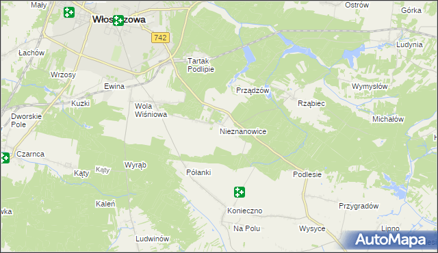 mapa Nieznanowice gmina Włoszczowa, Nieznanowice gmina Włoszczowa na mapie Targeo