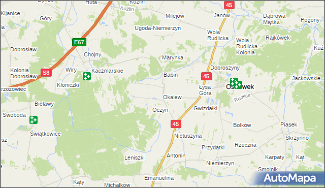 mapa Okalew gmina Ostrówek, Okalew gmina Ostrówek na mapie Targeo