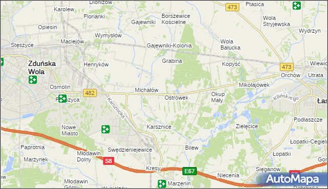 mapa Ostrówek gmina Zduńska Wola, Ostrówek gmina Zduńska Wola na mapie Targeo