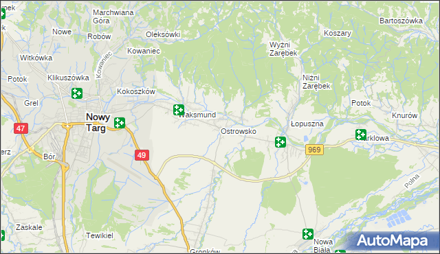 mapa Ostrowsko gmina Nowy Targ, Ostrowsko gmina Nowy Targ na mapie Targeo