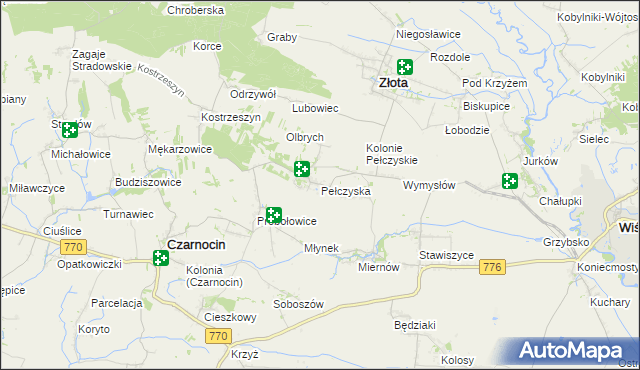 mapa Pełczyska gmina Złota, Pełczyska gmina Złota na mapie Targeo