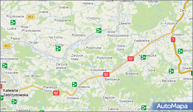 mapa Podchybie gmina Lanckorona, Podchybie gmina Lanckorona na mapie Targeo