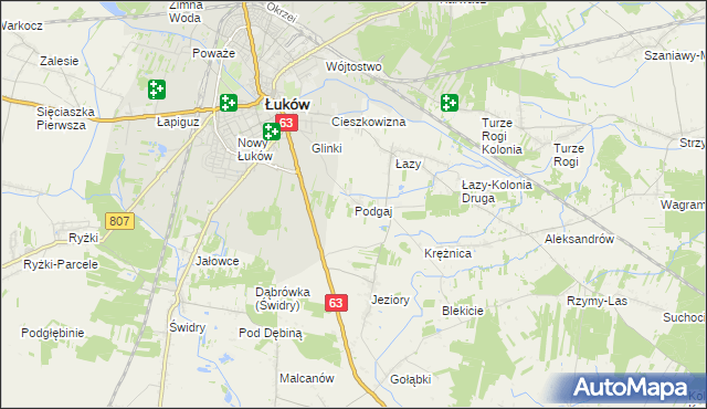 mapa Podgaj gmina Łuków, Podgaj gmina Łuków na mapie Targeo