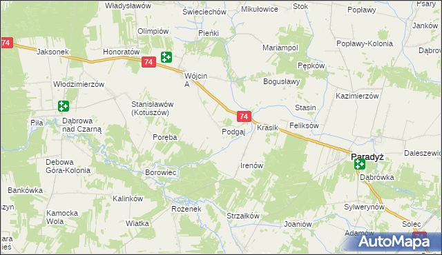 mapa Podgaj gmina Paradyż, Podgaj gmina Paradyż na mapie Targeo