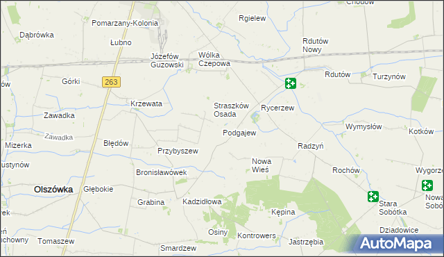 mapa Podgajew gmina Kłodawa, Podgajew gmina Kłodawa na mapie Targeo