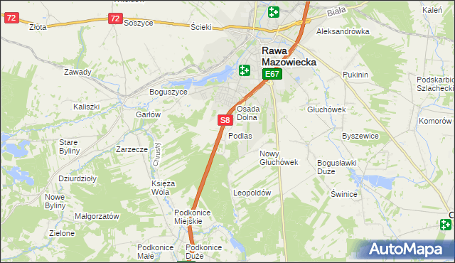 mapa Podlas gmina Rawa Mazowiecka, Podlas gmina Rawa Mazowiecka na mapie Targeo