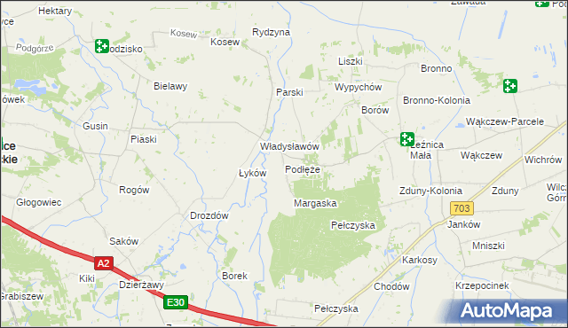 mapa Podłęże gmina Świnice Warckie, Podłęże gmina Świnice Warckie na mapie Targeo