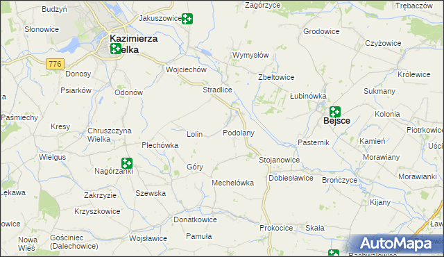 mapa Podolany gmina Kazimierza Wielka, Podolany gmina Kazimierza Wielka na mapie Targeo