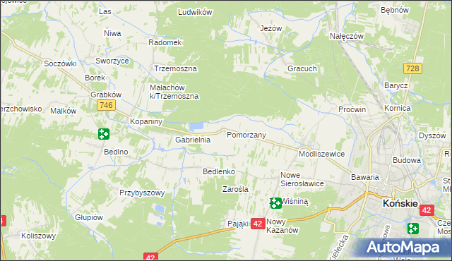 mapa Pomorzany gmina Końskie, Pomorzany gmina Końskie na mapie Targeo