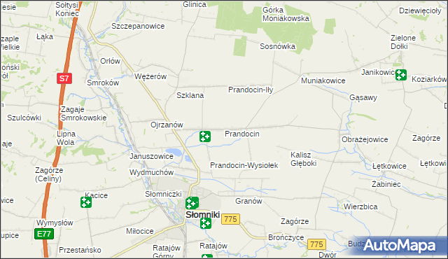 mapa Prandocin gmina Słomniki, Prandocin gmina Słomniki na mapie Targeo