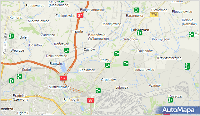mapa Prusy gmina Kocmyrzów-Luborzyca, Prusy gmina Kocmyrzów-Luborzyca na mapie Targeo