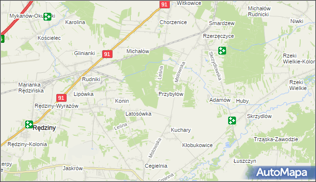 mapa Przybyłów gmina Kłomnice, Przybyłów gmina Kłomnice na mapie Targeo