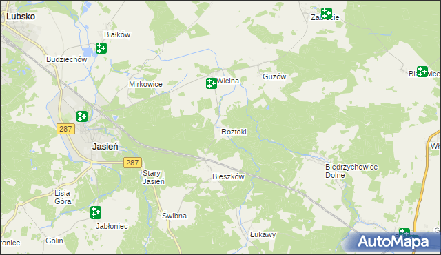 mapa Roztoki gmina Jasień, Roztoki gmina Jasień na mapie Targeo