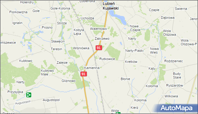 mapa Rutkowice gmina Lubień Kujawski, Rutkowice gmina Lubień Kujawski na mapie Targeo