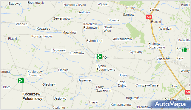 mapa Rybno powiat sochaczewski, Rybno powiat sochaczewski na mapie Targeo