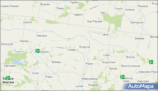 mapa Rydzyna gmina Świnice Warckie, Rydzyna gmina Świnice Warckie na mapie Targeo