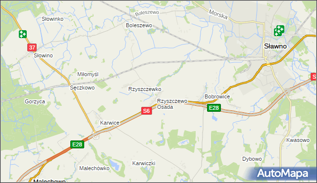 mapa Rzyszczewo gmina Sławno, Rzyszczewo gmina Sławno na mapie Targeo