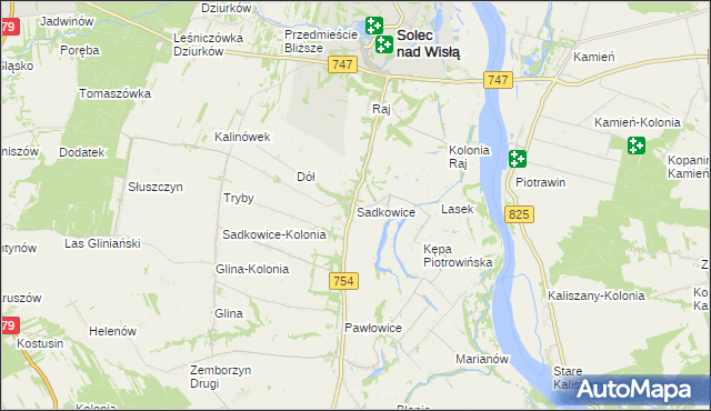 mapa Sadkowice gmina Solec nad Wisłą, Sadkowice gmina Solec nad Wisłą na mapie Targeo