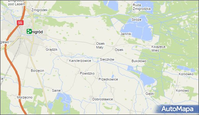 mapa Sieczków gmina Żmigród, Sieczków gmina Żmigród na mapie Targeo