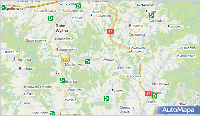 mapa Sieniawa gmina Raba Wyżna, Sieniawa gmina Raba Wyżna na mapie Targeo