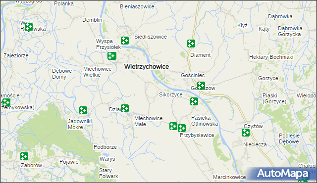 mapa Sikorzyce gmina Wietrzychowice, Sikorzyce gmina Wietrzychowice na mapie Targeo