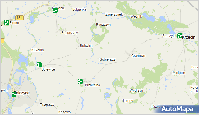 mapa Sobieradz gmina Krzęcin, Sobieradz gmina Krzęcin na mapie Targeo