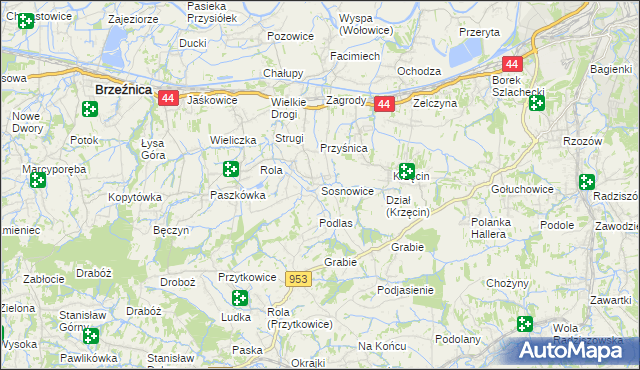 mapa Sosnowice gmina Brzeźnica, Sosnowice gmina Brzeźnica na mapie Targeo