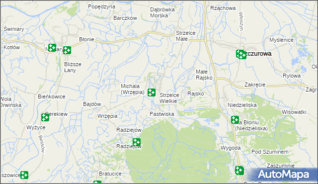 mapa Strzelce Wielkie gmina Szczurowa, Strzelce Wielkie gmina Szczurowa na mapie Targeo
