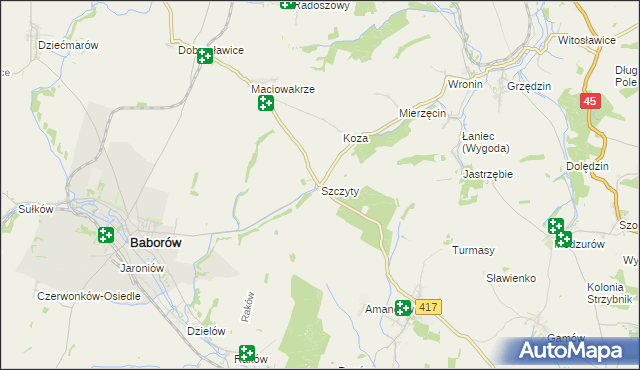 mapa Szczyty gmina Baborów, Szczyty gmina Baborów na mapie Targeo
