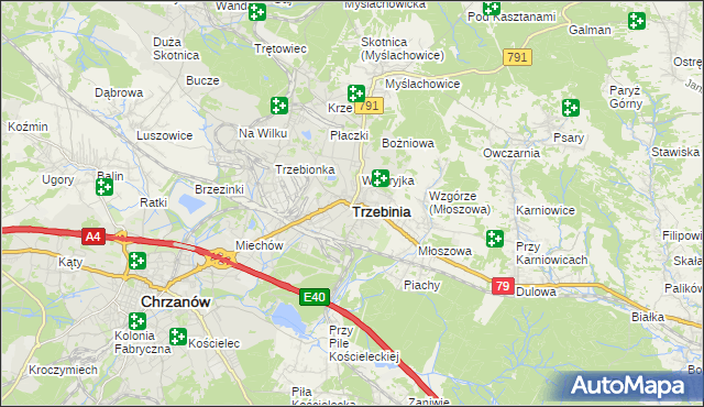 mapa Trzebinia powiat chrzanowski, Trzebinia powiat chrzanowski na mapie Targeo