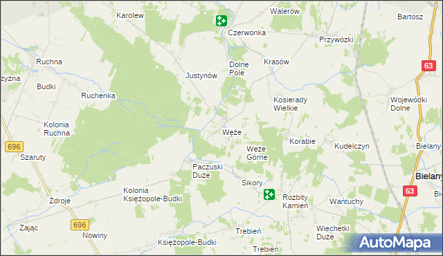 mapa Węże gmina Sokołów Podlaski, Węże gmina Sokołów Podlaski na mapie Targeo