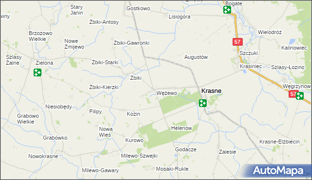 mapa Wężewo gmina Krasne, Wężewo gmina Krasne na mapie Targeo