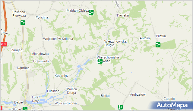 mapa Wierzchowiska Pierwsze gmina Modliborzyce, Wierzchowiska Pierwsze gmina Modliborzyce na mapie Targeo