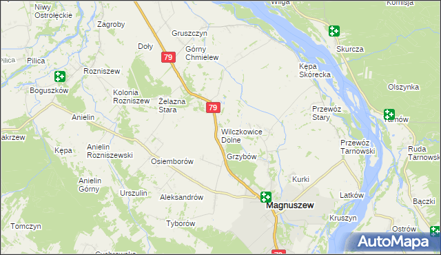 mapa Wilczkowice Dolne gmina Magnuszew, Wilczkowice Dolne gmina Magnuszew na mapie Targeo