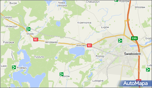 mapa Wilkowo gmina Świebodzin, Wilkowo gmina Świebodzin na mapie Targeo