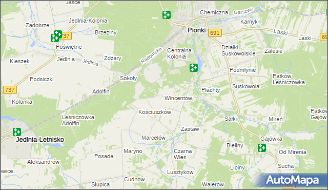 mapa Wincentów gmina Pionki, Wincentów gmina Pionki na mapie Targeo