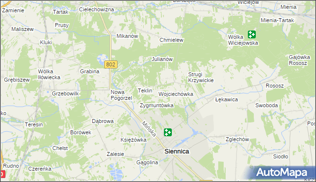 mapa Wojciechówka gmina Siennica, Wojciechówka gmina Siennica na mapie Targeo