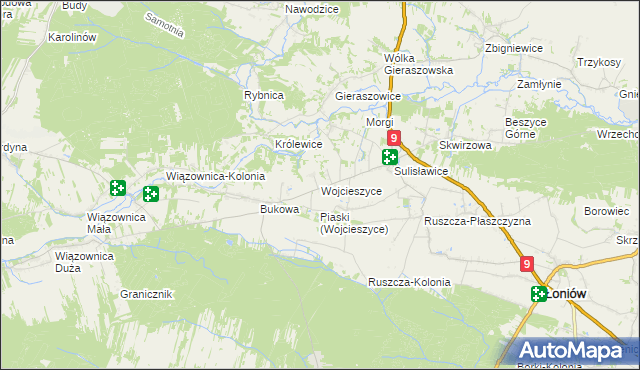 mapa Wojcieszyce gmina Łoniów, Wojcieszyce gmina Łoniów na mapie Targeo