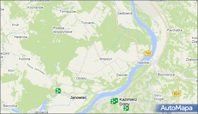 mapa Wojszyn gmina Janowiec, Wojszyn gmina Janowiec na mapie Targeo