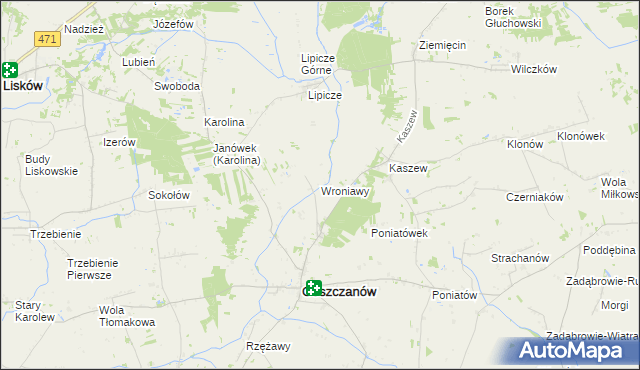 mapa Wroniawy gmina Goszczanów, Wroniawy gmina Goszczanów na mapie Targeo