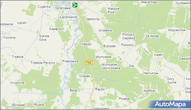 mapa Wymysłów gmina Przedbórz, Wymysłów gmina Przedbórz na mapie Targeo