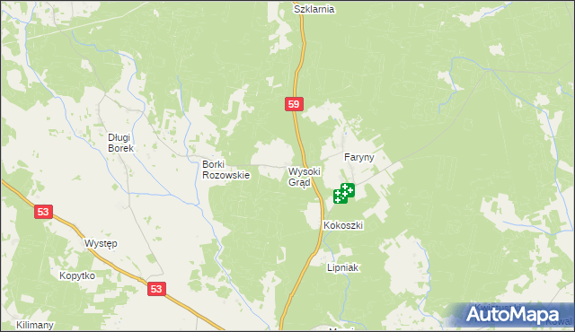 mapa Wysoki Grąd gmina Rozogi, Wysoki Grąd gmina Rozogi na mapie Targeo