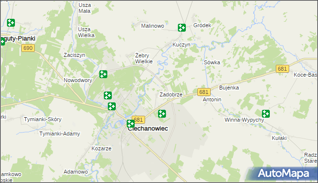 mapa Zadobrze gmina Ciechanowiec, Zadobrze gmina Ciechanowiec na mapie Targeo