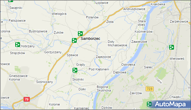 mapa Zajeziorze gmina Samborzec, Zajeziorze gmina Samborzec na mapie Targeo