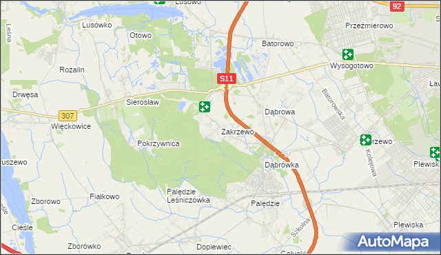 mapa Zakrzewo gmina Dopiewo, Zakrzewo gmina Dopiewo na mapie Targeo